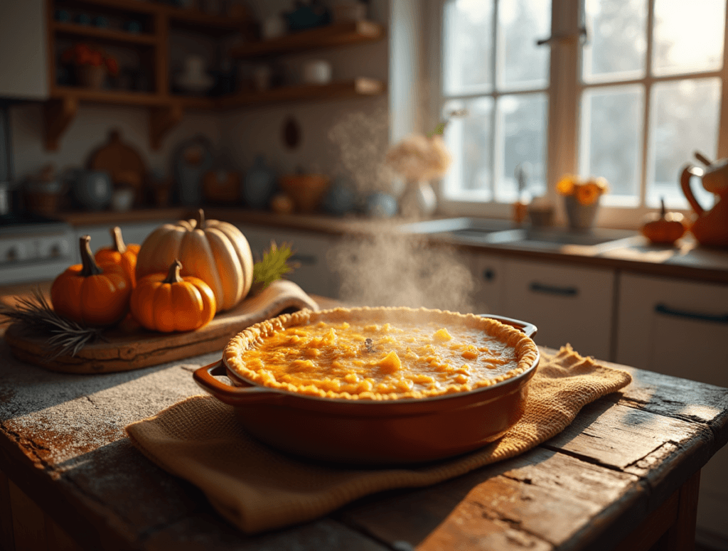 Freshly baked shepherd’s pie in a cozy kitchen with autumnal decor and a snowy window view.