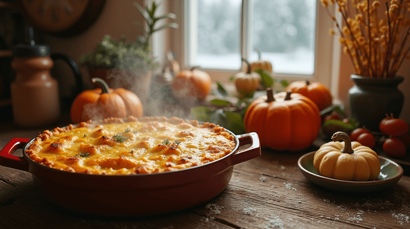 Freshly baked shepherd’s pie in a cozy kitchen with autumnal decor and a snowy window view.